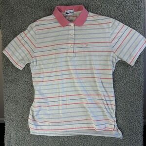 Vintage 80s The Lacoste Club Women's Striped Polo Shirt Large Pink Blue Tennis